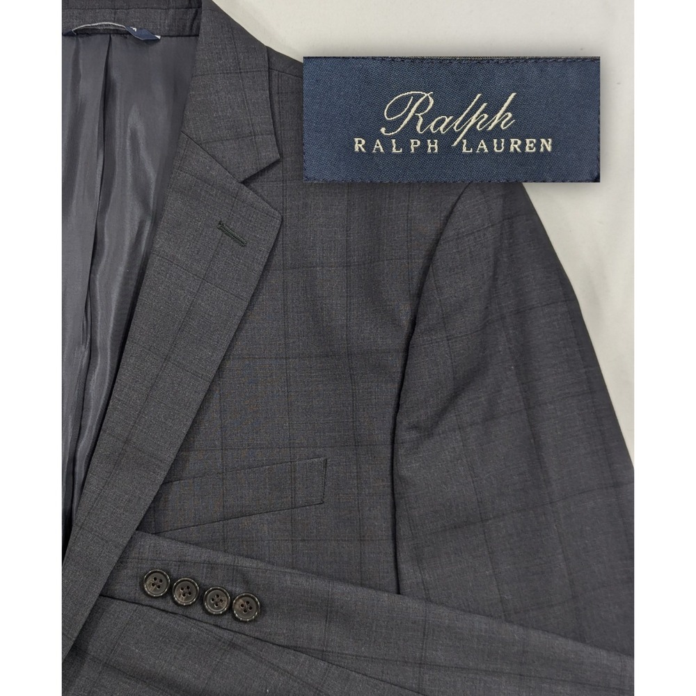 Ralph Lauren Blazer Sports Coat 100% Wool Gray Graph Plaid Suit Jacket 41R 44"
